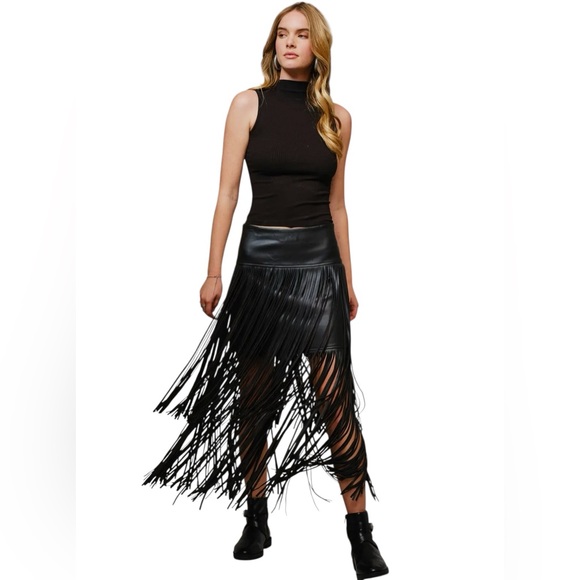 New blue b Black Faux Leather Tiered Carwash Fringe Festival Western Mini Skirt - Picture 2 of 7